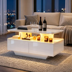 90 CM High LED Coffee Table with 2 Storage Drawers and 20-Color LED Lights-White