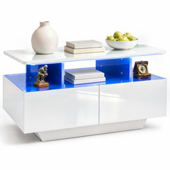 90 CM High LED Coffee Table with 2 Storage Drawers and 20-Color LED Lights-White