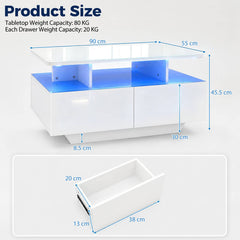 90 CM High LED Coffee Table with 2 Storage Drawers and 20-Color LED Lights-White