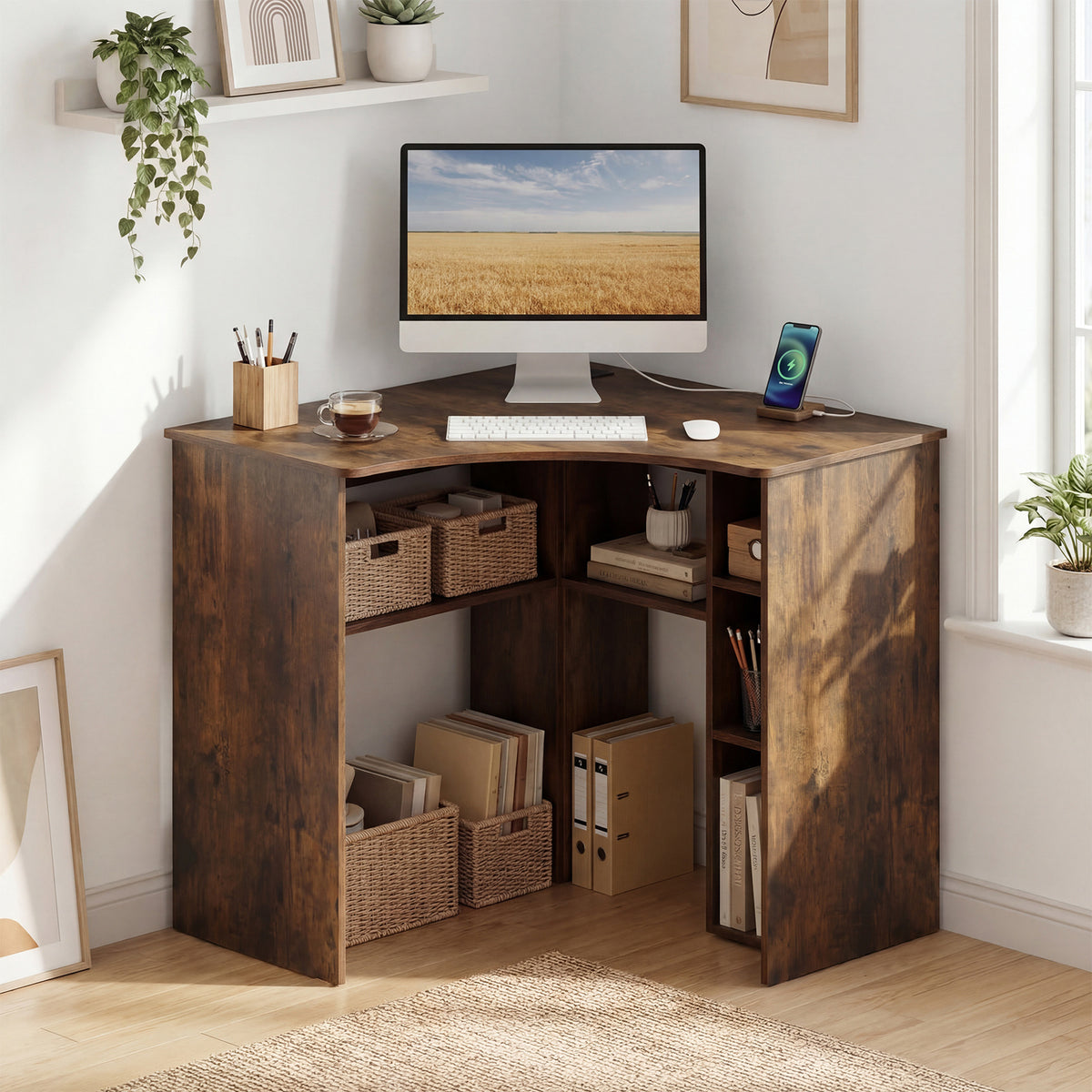 90-degree Triangle Computer Desk with Open Storage Shelves-Rustic Brown