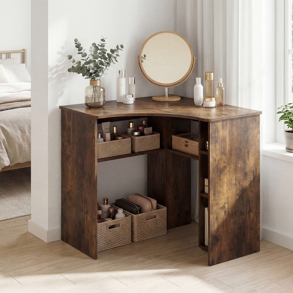 Corner computer desk used as a dressing table with a mirror and cosmetics