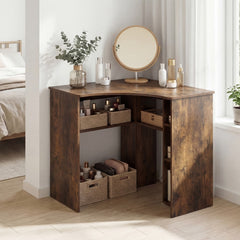 Corner computer desk used as a dressing table with a mirror and cosmetics