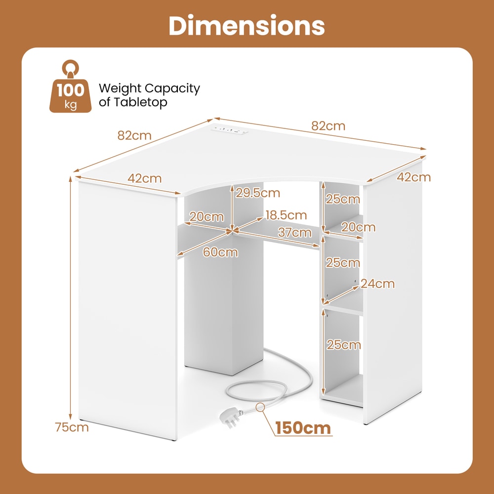 Dimensions diagram for the white corner computer desk with open storage shelves