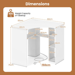 Dimensions diagram for the white corner computer desk with open storage shelves