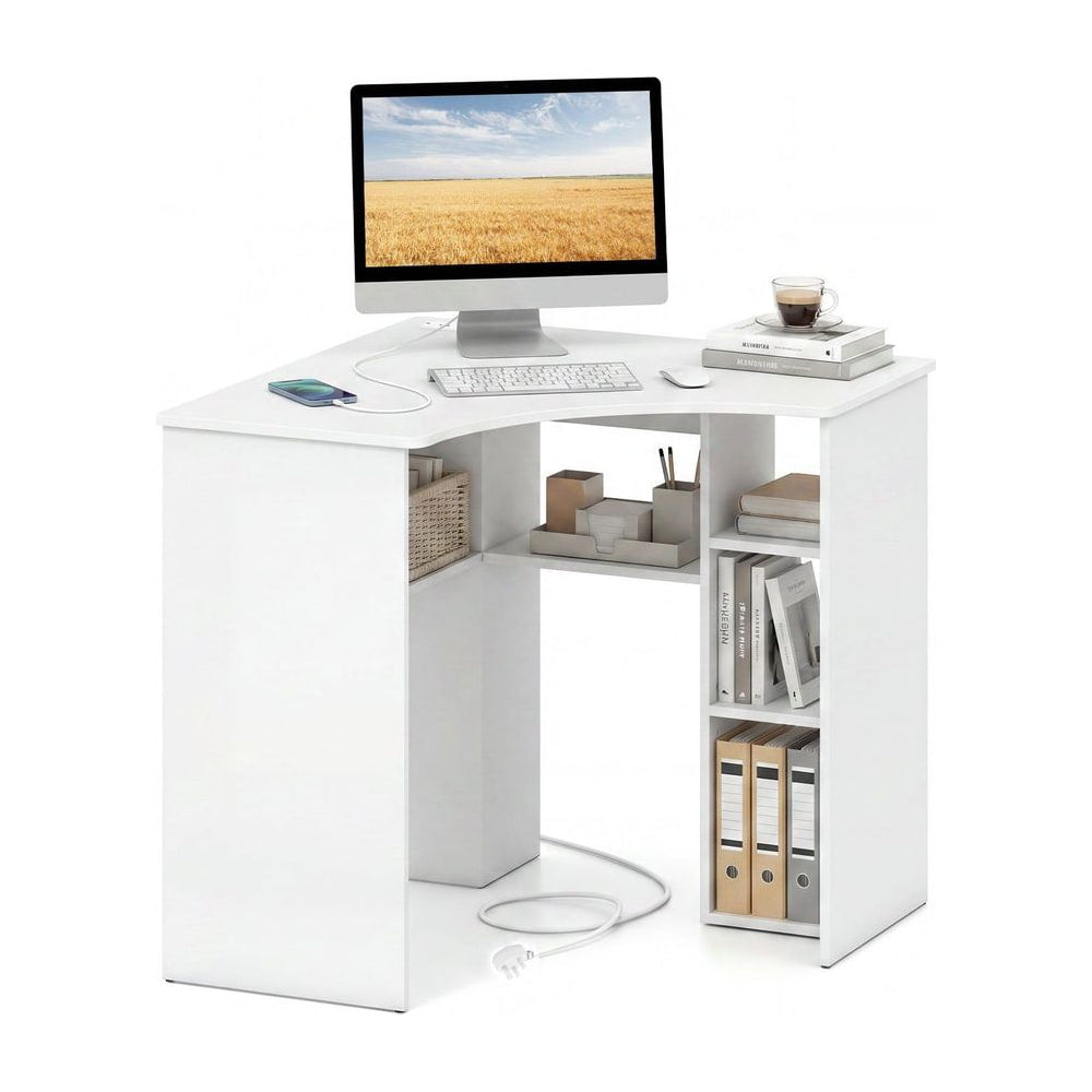90-degree Triangle Computer Desk with Open Storage Shelves in white, shown with a computer and accessories