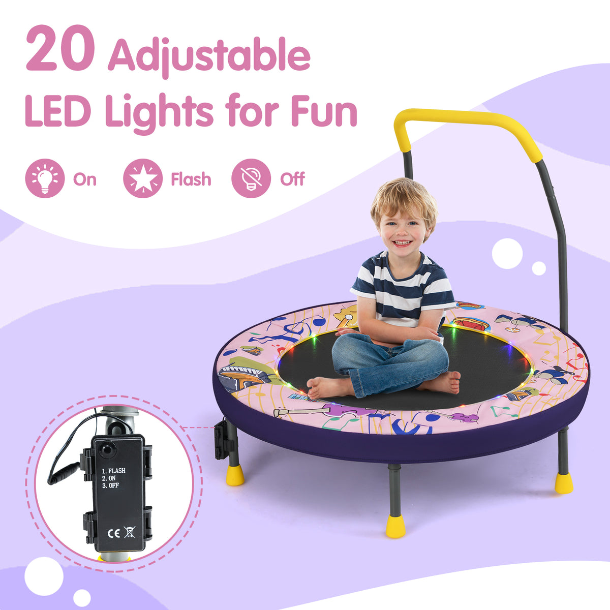 90 cm Folding Mini Trampoline for Kids with Lights and Padded Safety Cover-Pink