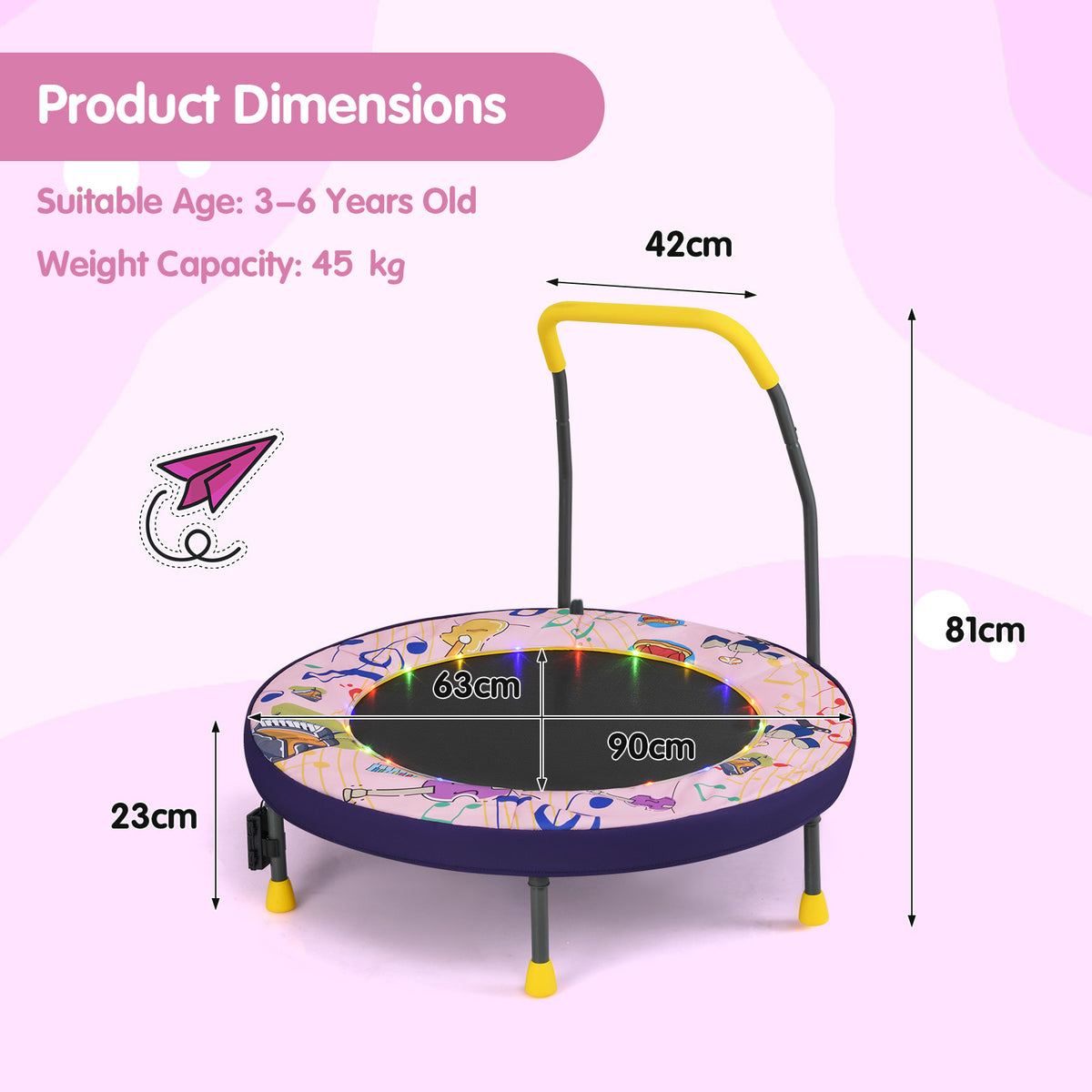 90 cm Folding Mini Trampoline for Kids with Lights and Padded Safety Cover-Pink