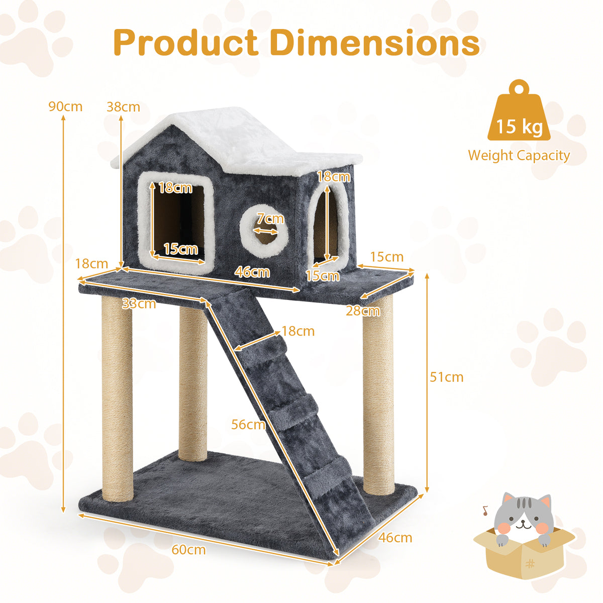 90cm Modern Cat Tree 3-level Cat Condo Furniture with Openable Roof-Gray