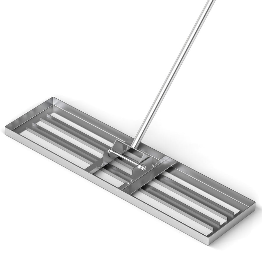 75/91/106 x 25cm Lawn Leveling Rak with Ergonomic Handle, a silver metal rake with a long handle