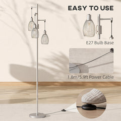 HOMCOM 170.5cm Industrial Dimmable Standing Lamp, 3-Light Floor Lamp with Steel Wire Cage Lampshades, Silver Tone