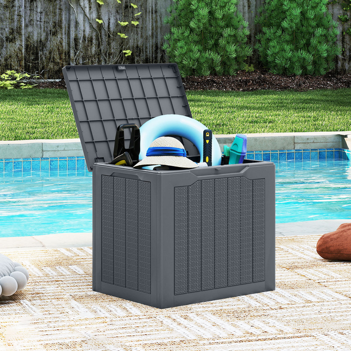 96L Outdoor Storage Box with Lockable Lid and Wicker-Woven Texture-Grey