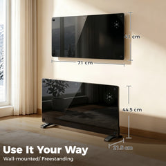 Dimensions of the black glass heater shown wall mounted and freestanding