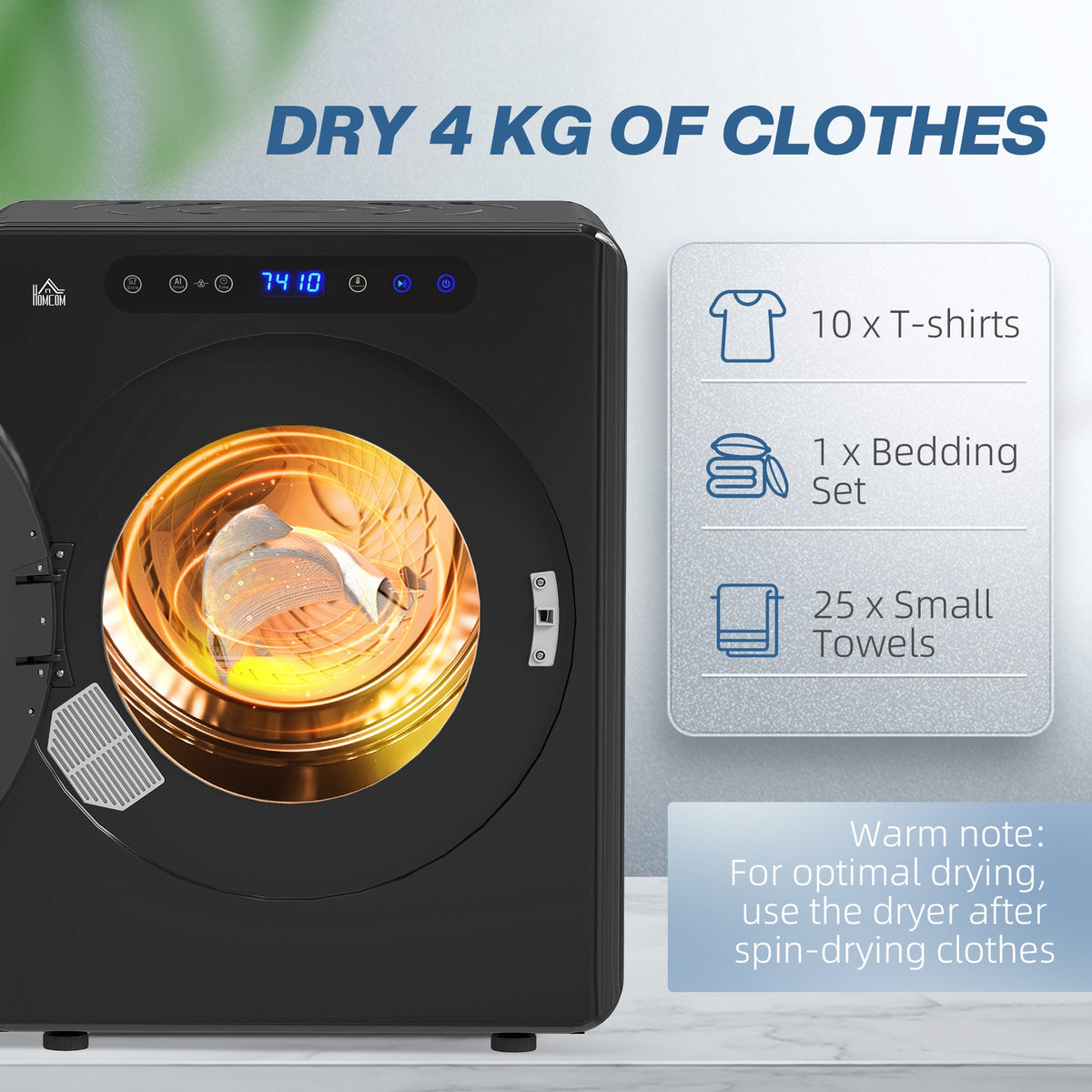 HOMCOM 4kg Compact 40-60℃ Tumble Dryer - Black
