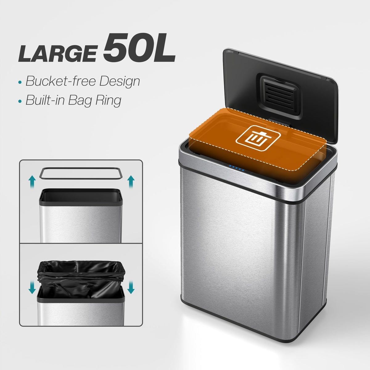 HOMCOM 50 L Sensor Can, Sensor Bin with Soft-Close Lid, Fingerprint-Proof Stainless Steel, Silver Tone