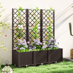 Outsunny Raised Garden Bed with Trellis, Plastic Planter Box with Drainage Holes, Drain Plugs and Water Reservoirs for Climbing Plants, Vegetables, Flowers, Brown