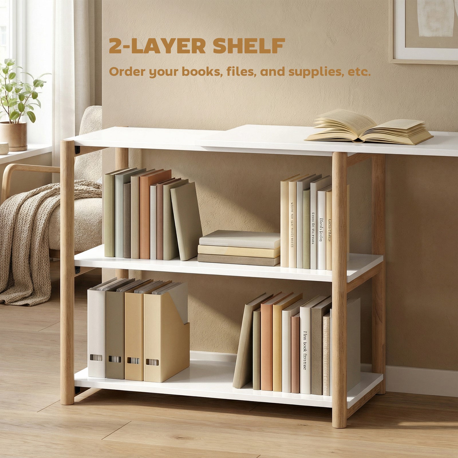 Close-up of the two-layer shelf on the computer desk holding books and files