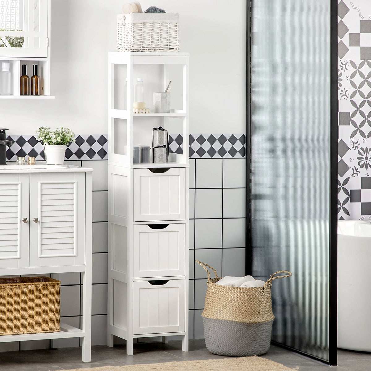 HOMCOM Narrow Floor Cabinet, Bathroom Cabinet with 3 Drawers and 2 Open Shelves, 30W x 30D x 141.6Hcm, White