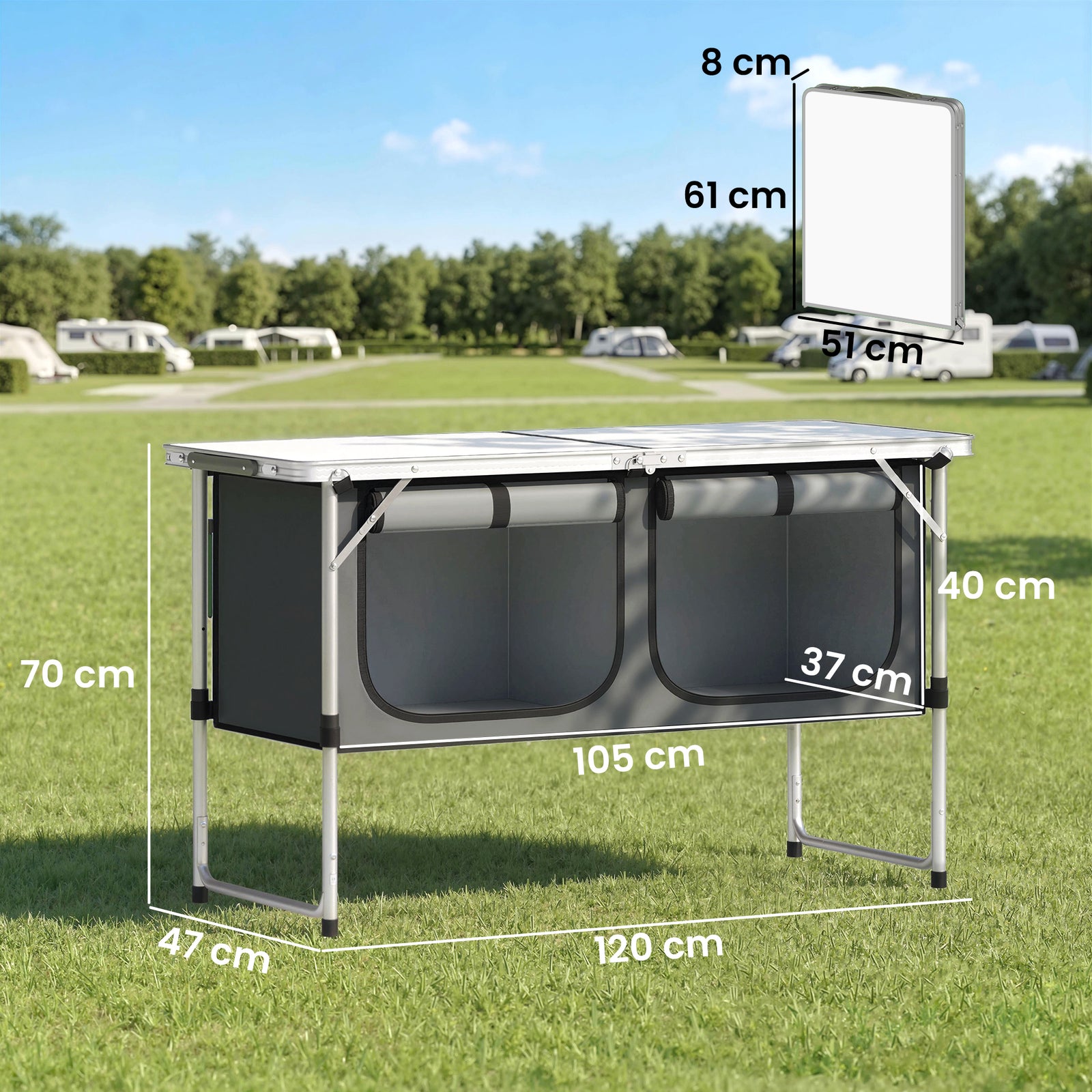 Outsunny Camping Cupboards Folding Portable Aluminium Camp Cook Station with Storage Cupboard for Outdoor BBQ