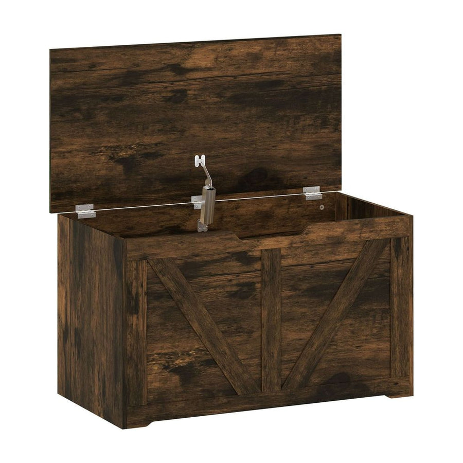 HOMCOM 100L Home Storage Box, with Safety Hinge - Rustic Brown Wood-Effect