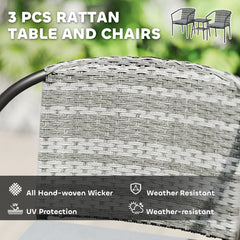 Outsunny 3 Pieces Rattan Bistro Set with Cushions, Wicker Garden Furniture Set, Glass Top Coffee Table and Chairs for Outdoor Patio, Balcony, Terrace and Conservatory, Grey