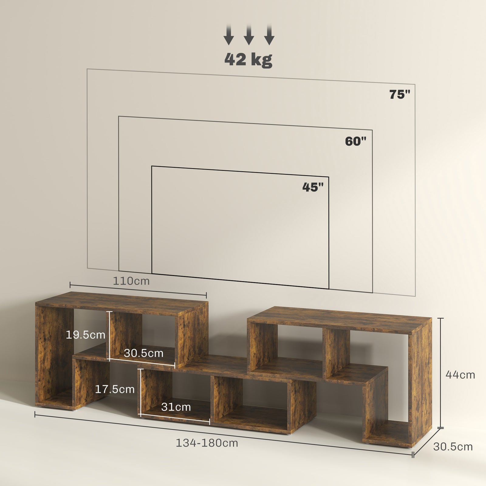 HOMCOM Three-Block Modular TV Stand - Rustic Brown