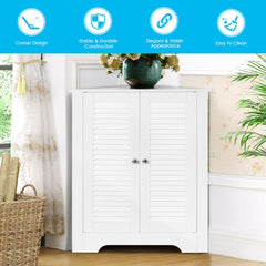 White corner storage cabinet with two slatted doors and silver handles, in a room