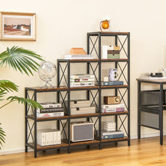 The bookcase filled with books and decorative items in a bright living room setting