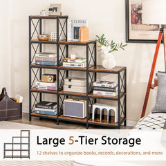 The bookcase shown in a living room with text overlay about its storage capacity