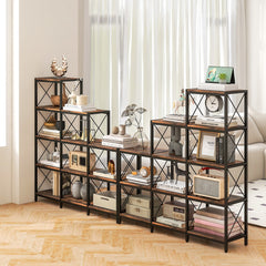 Two of the bookcases placed side by side to create a long storage display in a home