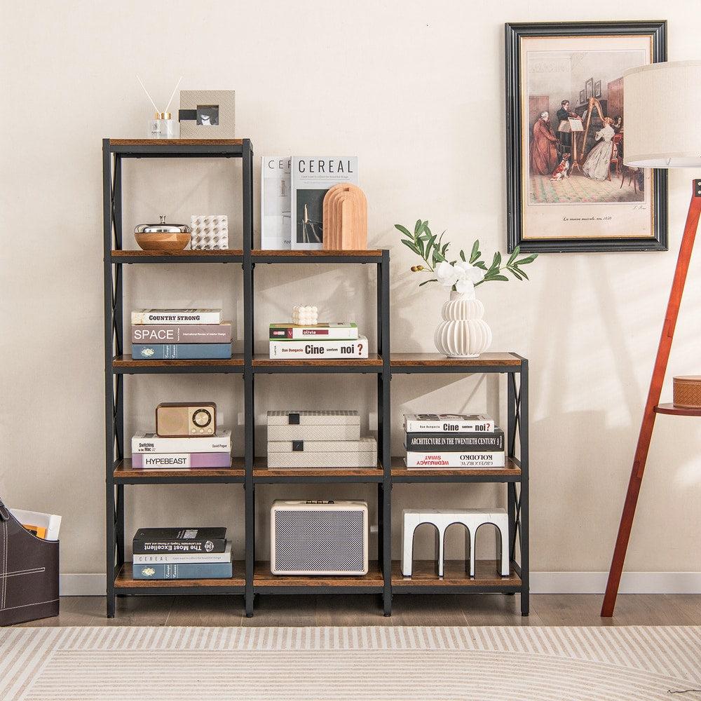 The bookcase styled with various books and ornaments next to a floor lamp