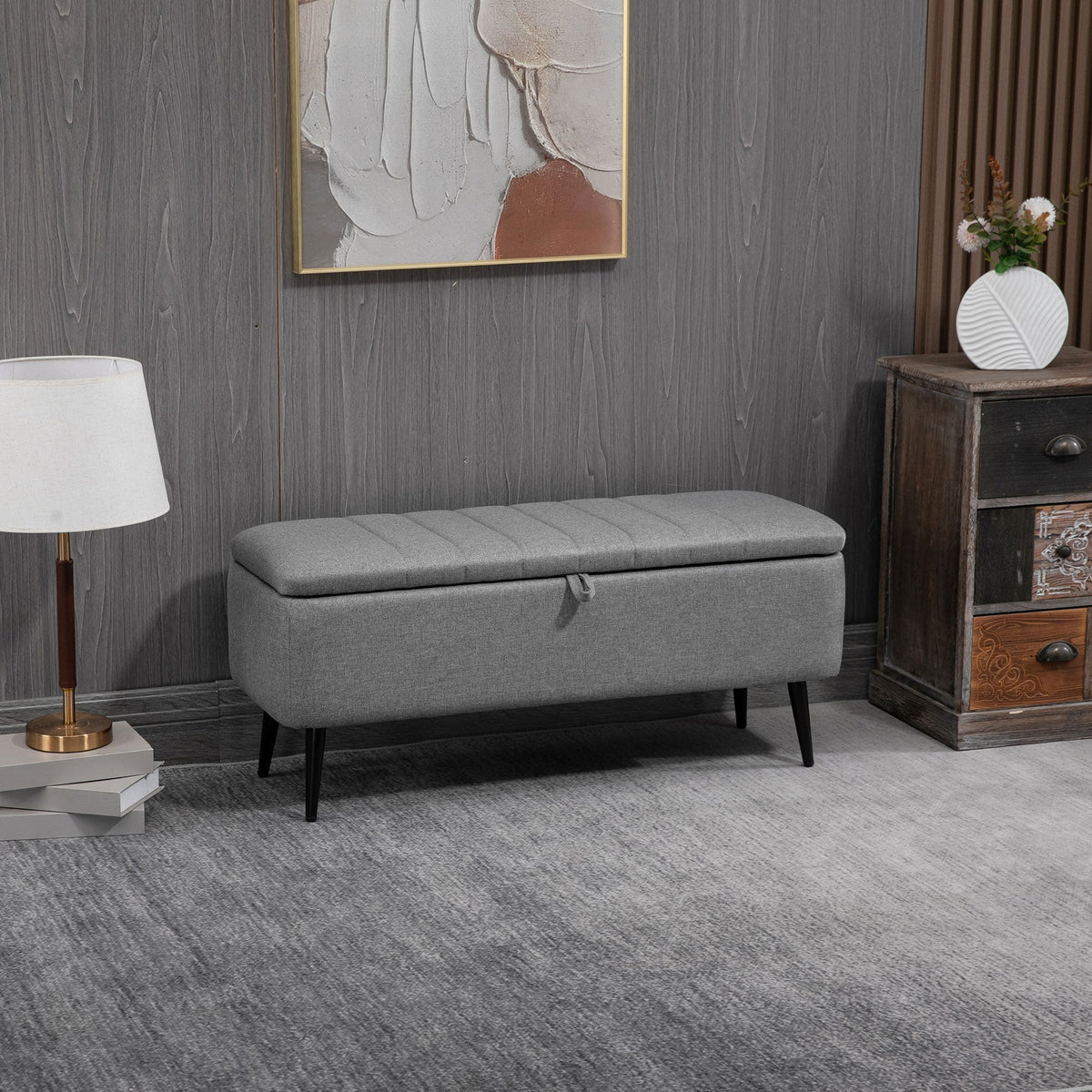 HOMCOM Storage Ottoman with Flip Top, Rectangular Upholstered Bench, Linen Look Fabric Footstool with Steel Legs for Living Room, Bedroom, Grey