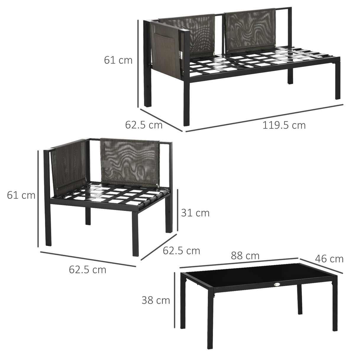 Outsunny 5 Seater Garden Corner Sofa Set, 4 Pieces Metal Garden Furniture Set with Loveseats, Glass Top Coffee Table, Breathable Mesh Pocket, Outdoor Conversation Furniture with Cushions, Light Grey