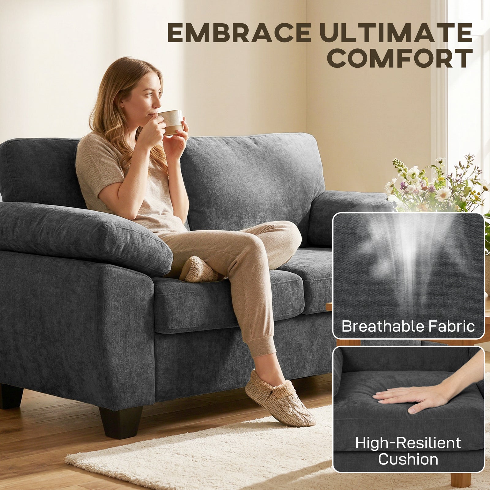HOMCOM 2 Seater Sofa, 156cm Chenille Loveseat Sofa, Dark Grey
