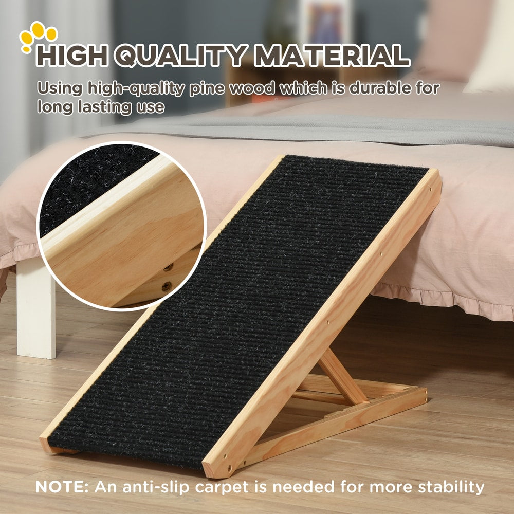 The pet ramp placed by a bed with a circular close-up showing the wooden frame construction