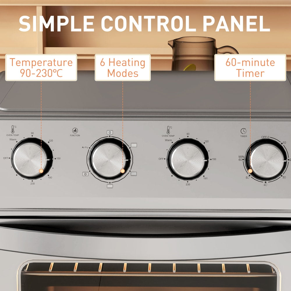 a close-up of the control panel of the air fryer oven, showing temperature and timer dials