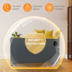 The electric heater inside a protective bubble showing safety sensors and security functions