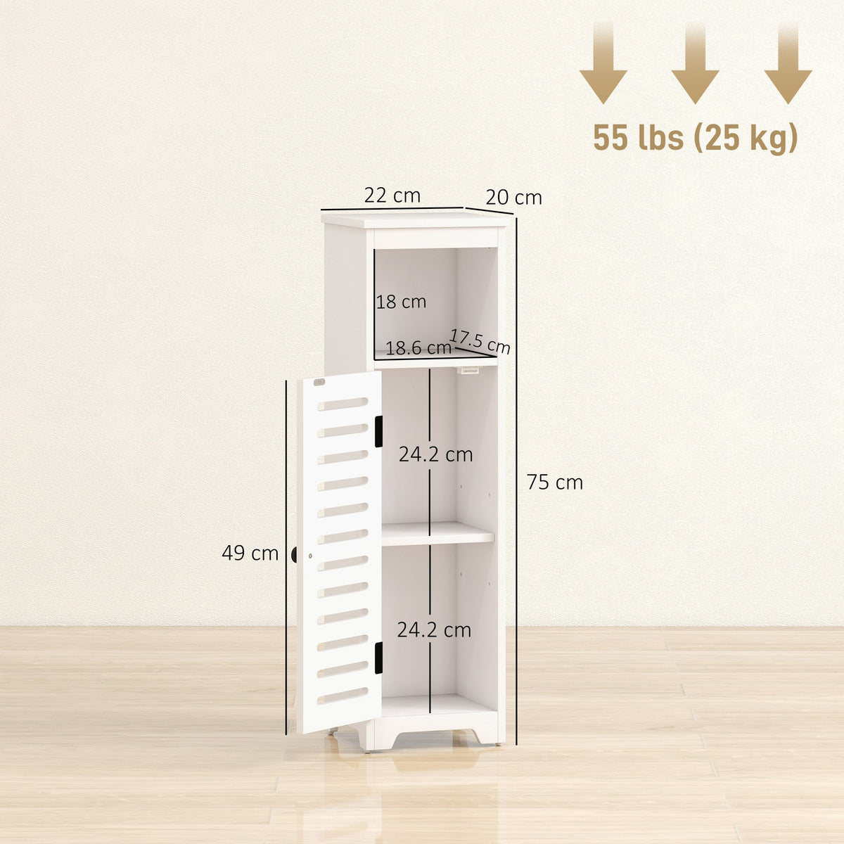 HOMCOM Bathroom Floor Cabinet, Bathroom Storage Unit with Louvered Door, Open Shelf, Adjustable Shelf, White, 22 x 20 x 75 cm