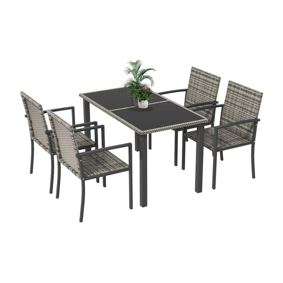 Outsunny Outdoor Dining Set 5 Pieces Patio Conservatory with Tempered Glass Tabletop,4 Dining Chairs - Mixed Grey
