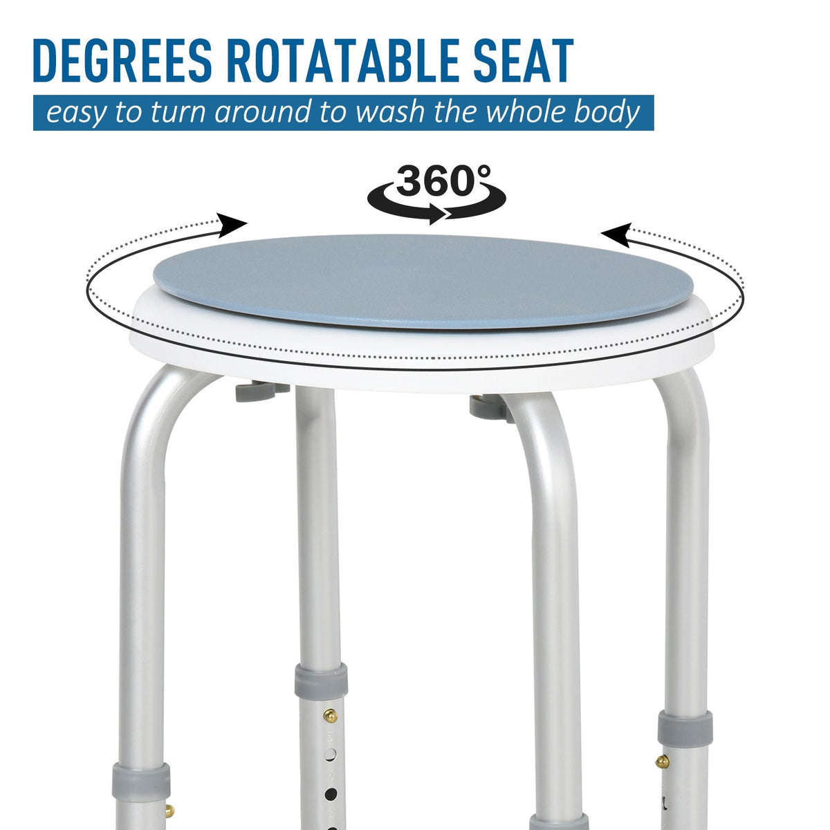 HOMCOM 360° Swivel Shower Chair, Height Adjustable Aluminium Shower Stool with Non-Slip Feet for Disabled, Elderly, Light Blue