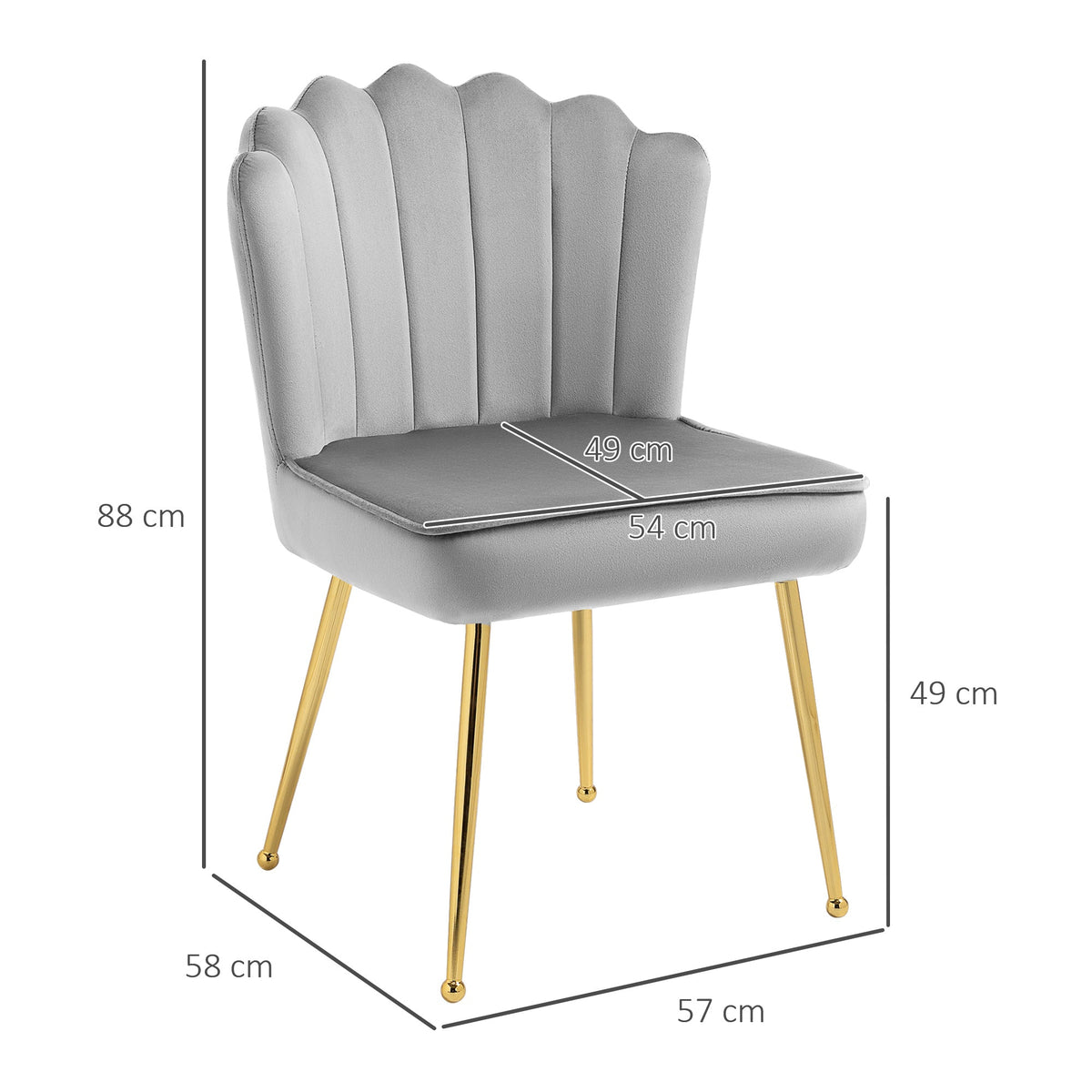 HOMCOM Shell Dining Chairs Set of 2, Upholstered Kitchen Chairs with Gold Metal Legs and Backrest, Velvet Fabric Lounge Leisure Chairs for Living Room, Reception Room, Grey