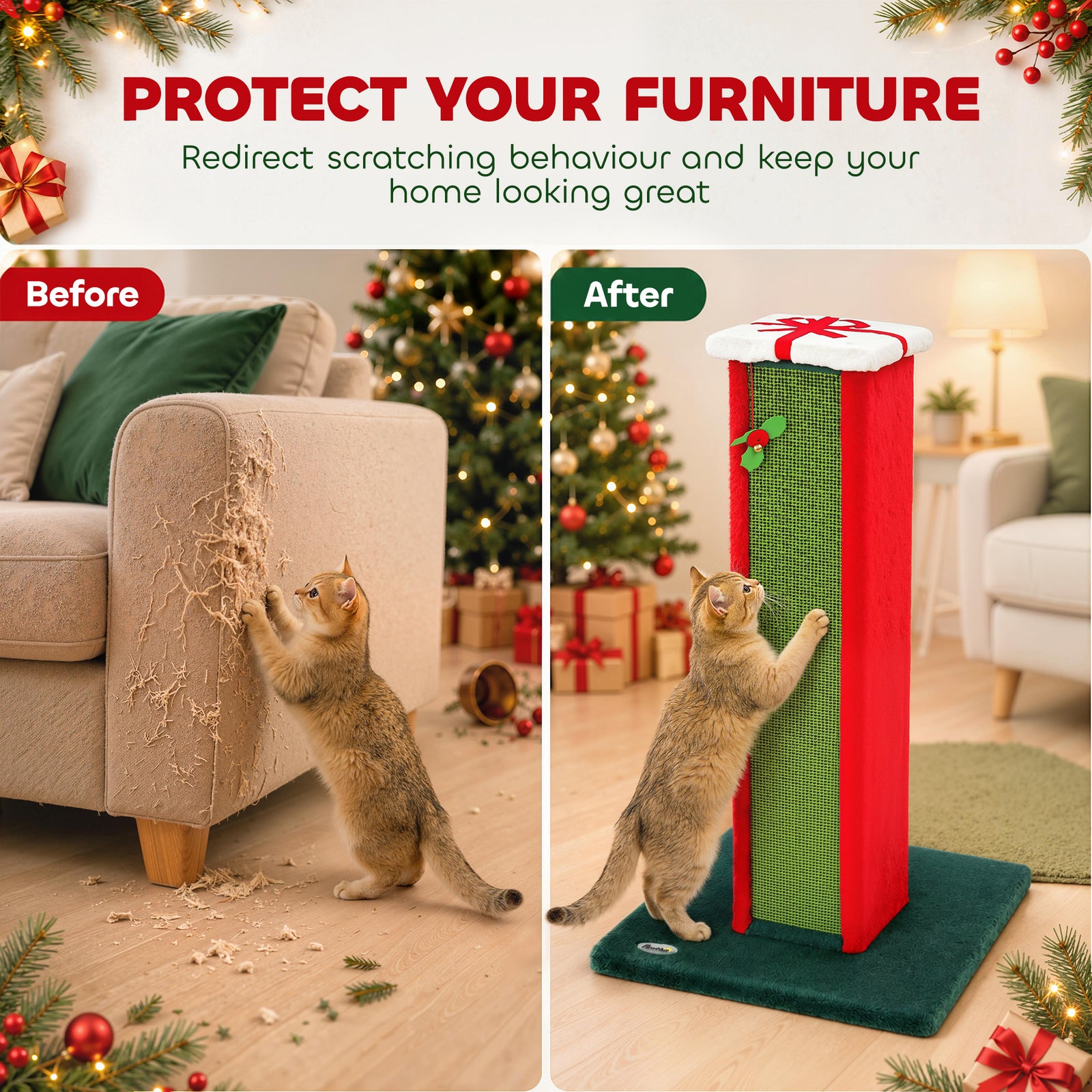 PawHut Cat Scratching Post for Indoor Cats, 81cm Tall Cat Scratcher with Sisal Rope, Hanging Bell Toy, Stable Base, Green & Red
