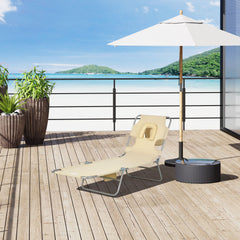 Outsunny Foldable Sun Lounger, Beach Chaise Lounge with Reading Hole, Arm Slots, 5-Position Adjustable Backrest, Side Pocket, Pillow for Garden, Beach, Pool, Beige