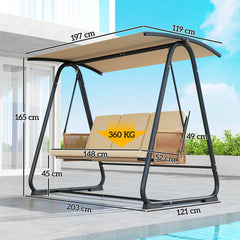 Outsunny 3 Seater Swing Chair with Adjustable Canopy, 360 kg Garden Swing Seat Outdoor Hammock Bench with Cushions, Sand Brown