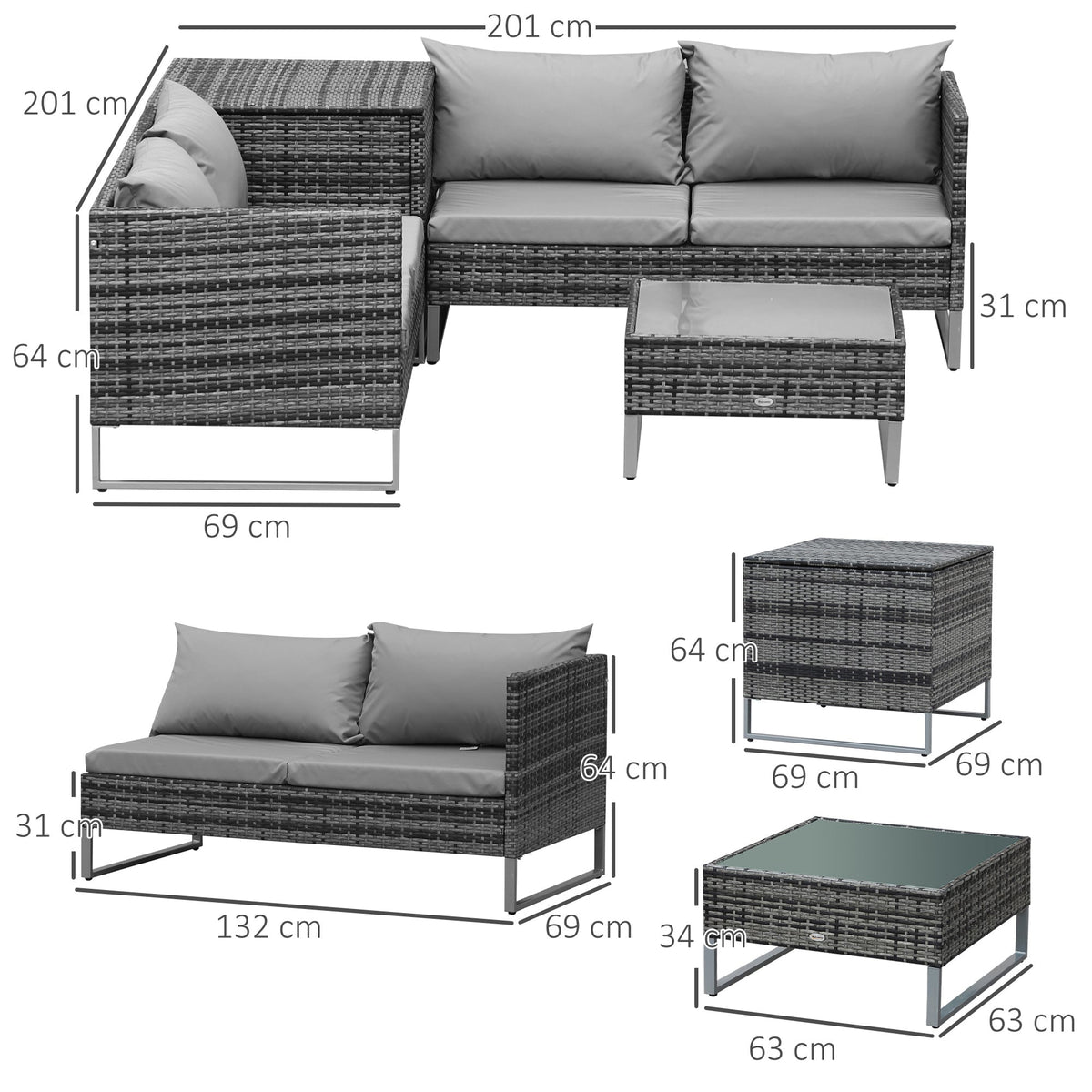 Outsunny 4pc Garden Rattan Wicker Outdoor Furniture Patio Corner Sofa Love Seat and Table Set with Cushions Side Desk Storage, Mixed Grey