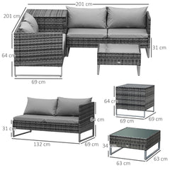 Outsunny 4pc Garden Rattan Wicker Outdoor Furniture Patio Corner Sofa Love Seat and Table Set with Cushions Side Desk Storage, Mixed Grey