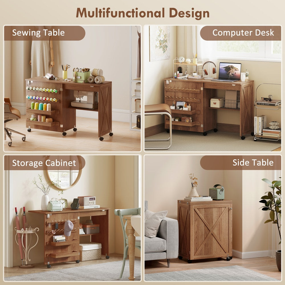 The craft table shown as a sewing table, computer desk, storage cabinet and side table