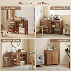 The craft table shown as a sewing table, computer desk, storage cabinet and side table