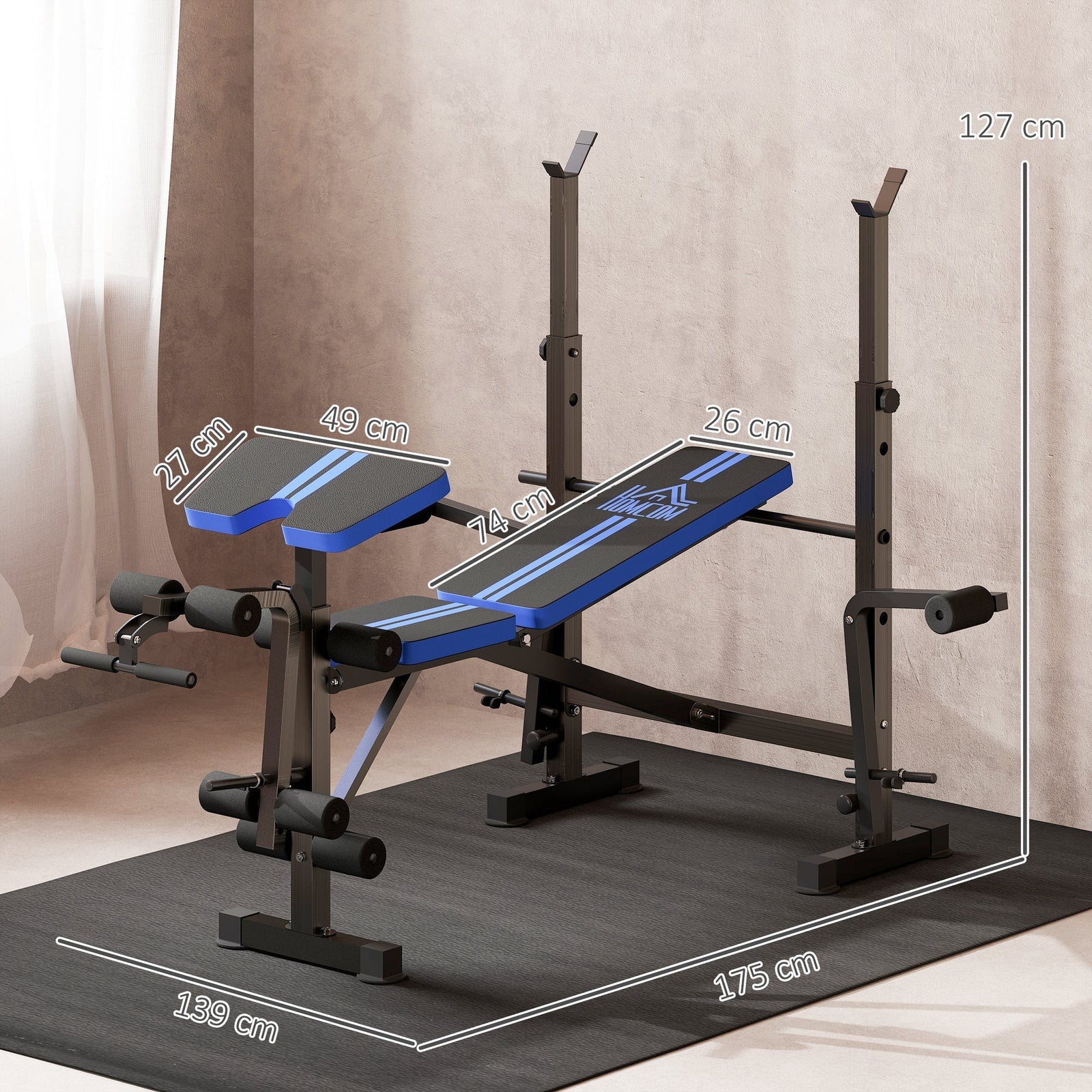 HOMCOM Adjustable Weight Bench with Leg Extension, Barbell Rack, Preacher Curl Pad, Butterfly, Multi-Function Home Gym Bench for Strength Training, Blue
