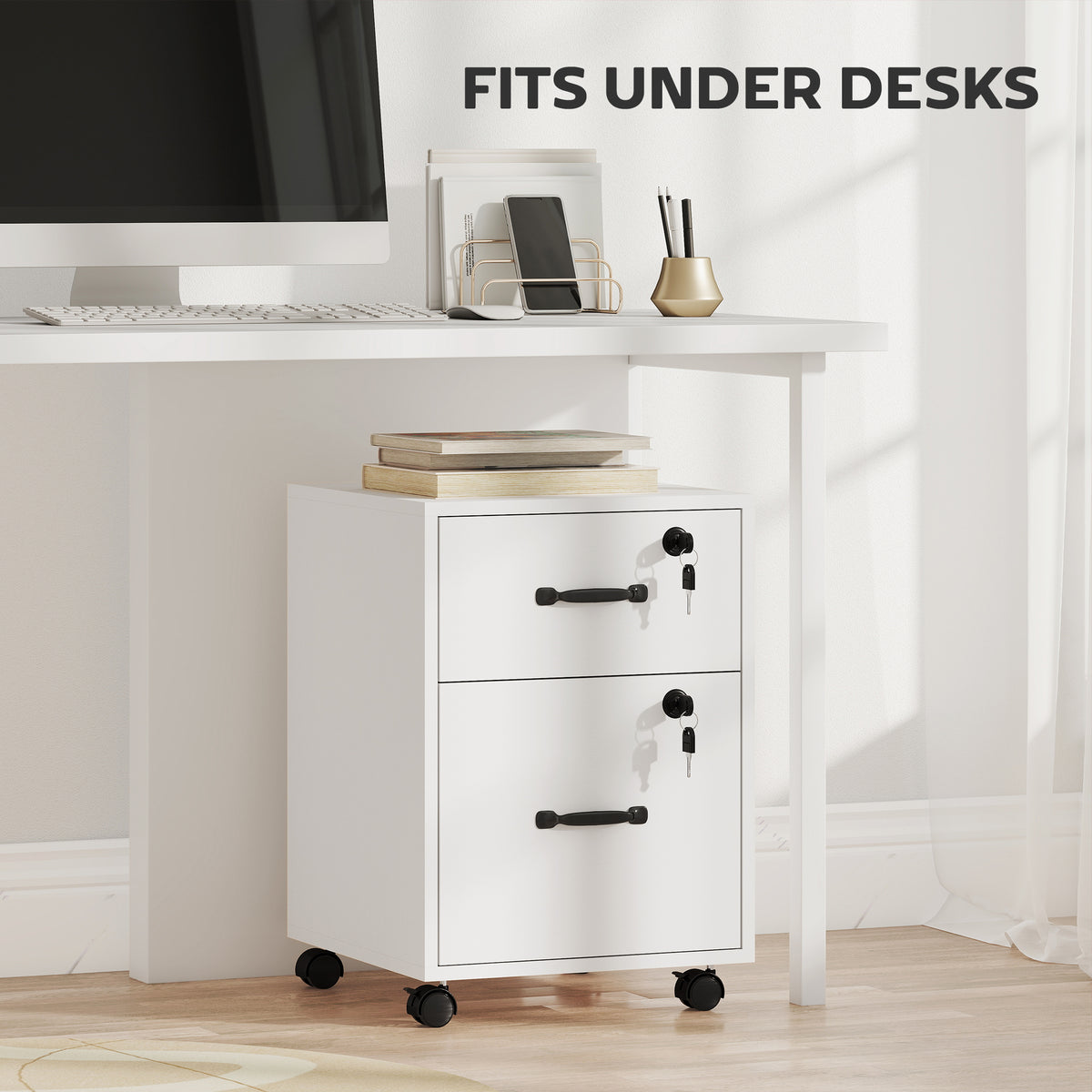 HOMCOM Rolling File Cabinet with 2 Drawers, Mobile Filing Cabinet with Hanging File Folder for Letter Sized Documents, White