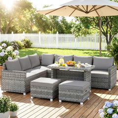 Outsunny 6 Seater Rattan Garden Furniture Set with 3 Sofas, 2 Footstools, Table, Patio Rattan Furniture Sofa Sets, Grey